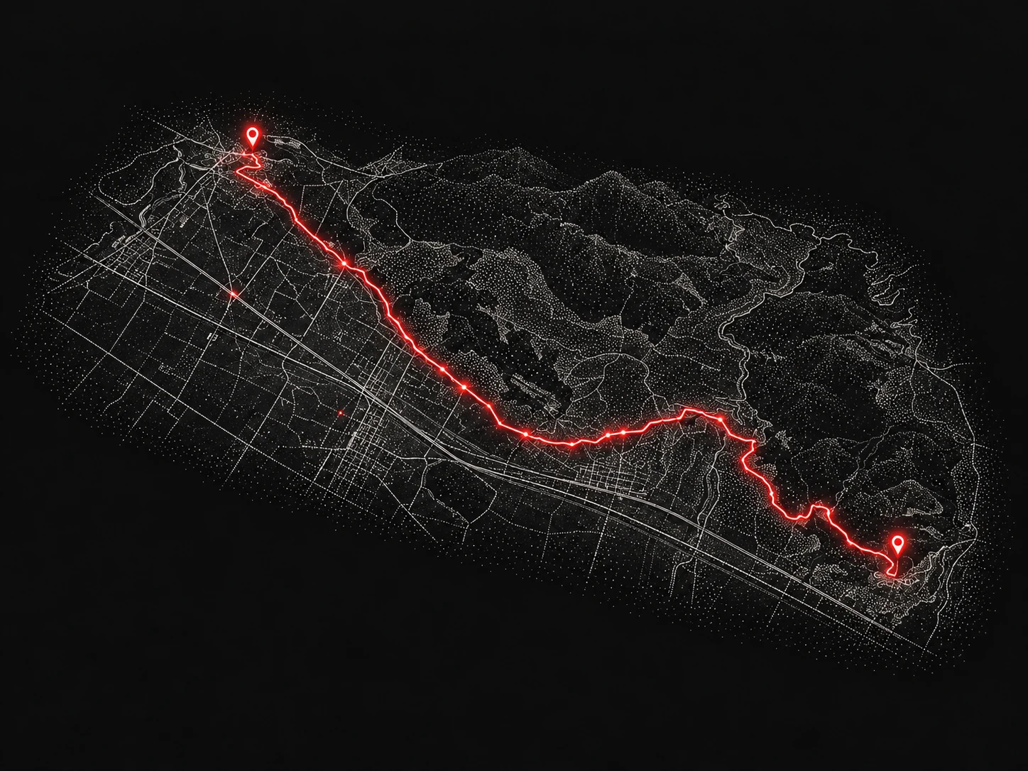 Rielaborazione illustrata della mappa di un itinerario del portale Cammino dei Santi, con il tracciato evidenziato in rosso.
