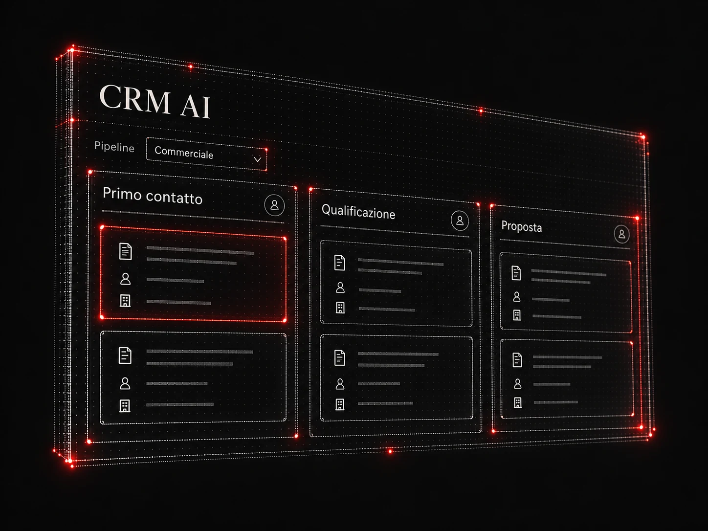Rielaborazione illustrata della pipeline commerciale del CRM, con dati dimostrativi e icone.