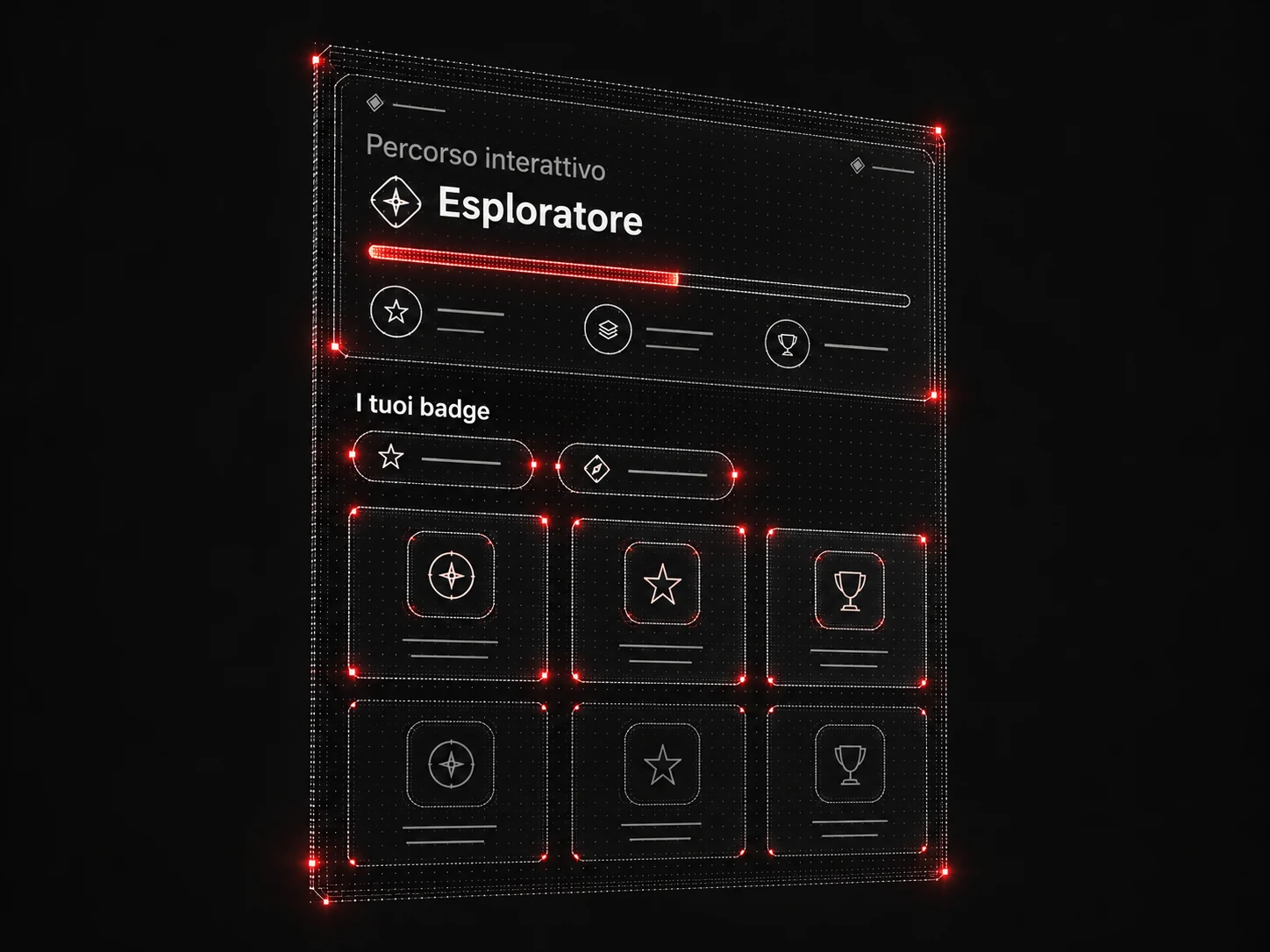 Vista illustrata della piattaforma di gamification, con badge e collezioni digitali.